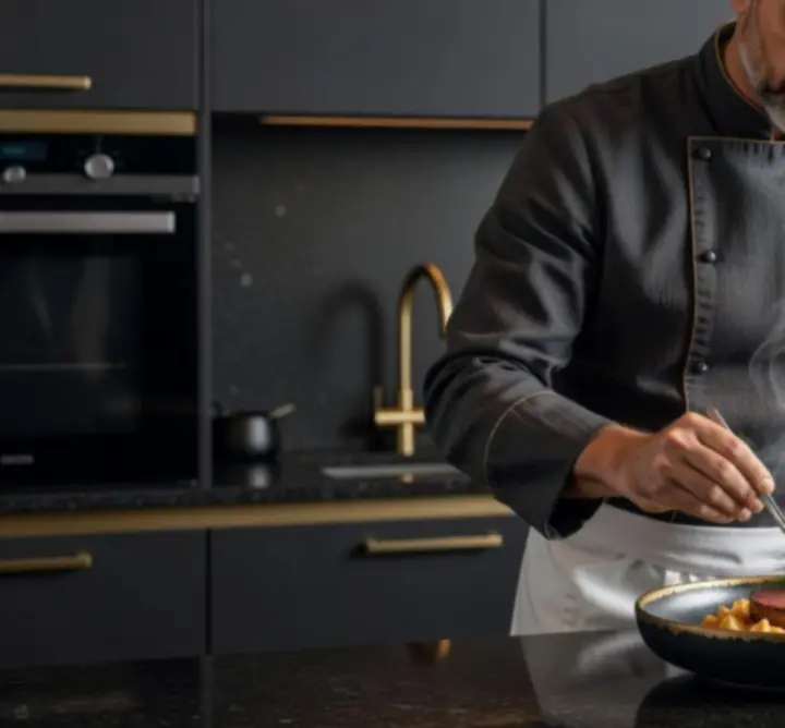Séf precízen készít elő egy gourmet fogást a konyhapultnál.
