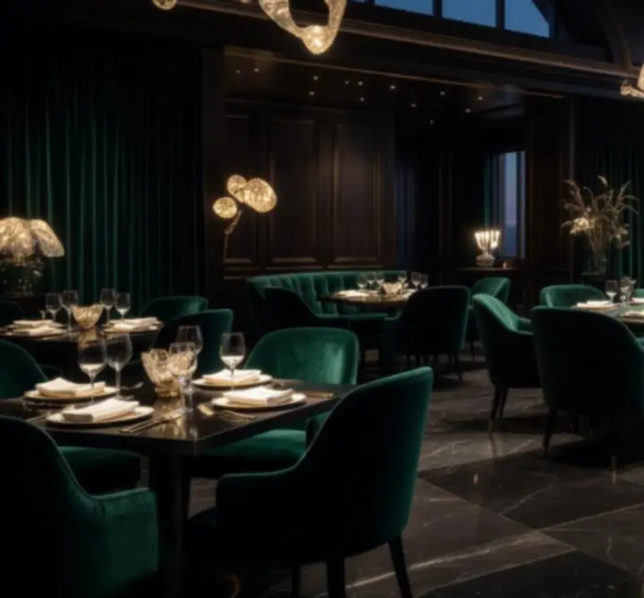 Cinematikus, hangulatosan megvilágított elegáns éttermi belső tér és póker lounge.