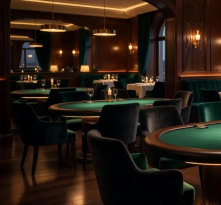 Elegáns, intim pókerlounge kadarka vörös bőrkanapékkal és sötétzöld pókerasztalokkal a Night Venue Place-ben.