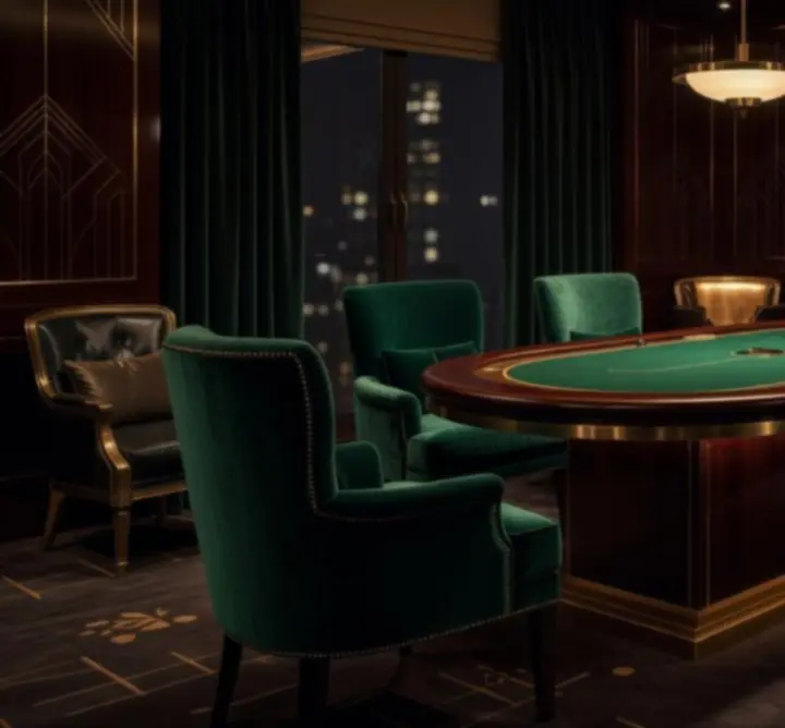 Félhomályos, luxus póker lounge elegáns asztalokkal és zsetonokkal.