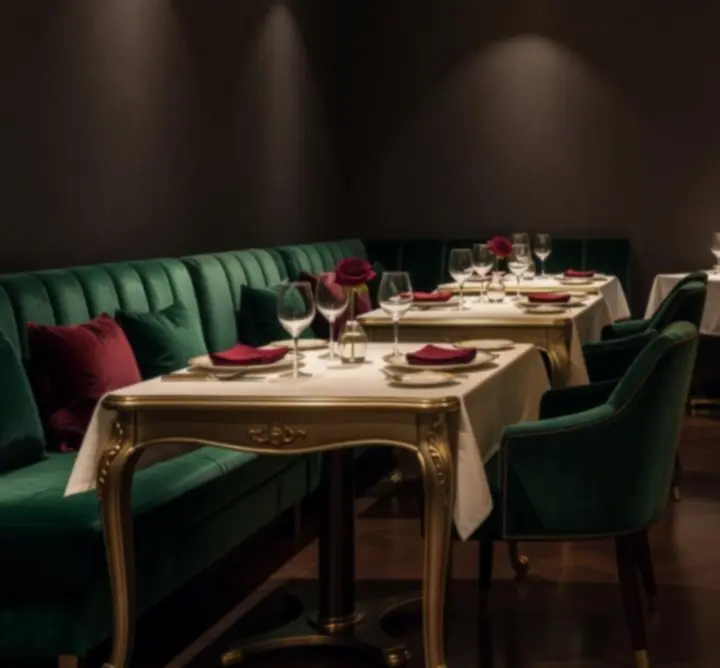 Elegáns, félhomályos éttermi enteriőr finom fényekkel és exkluzív hangulattal.